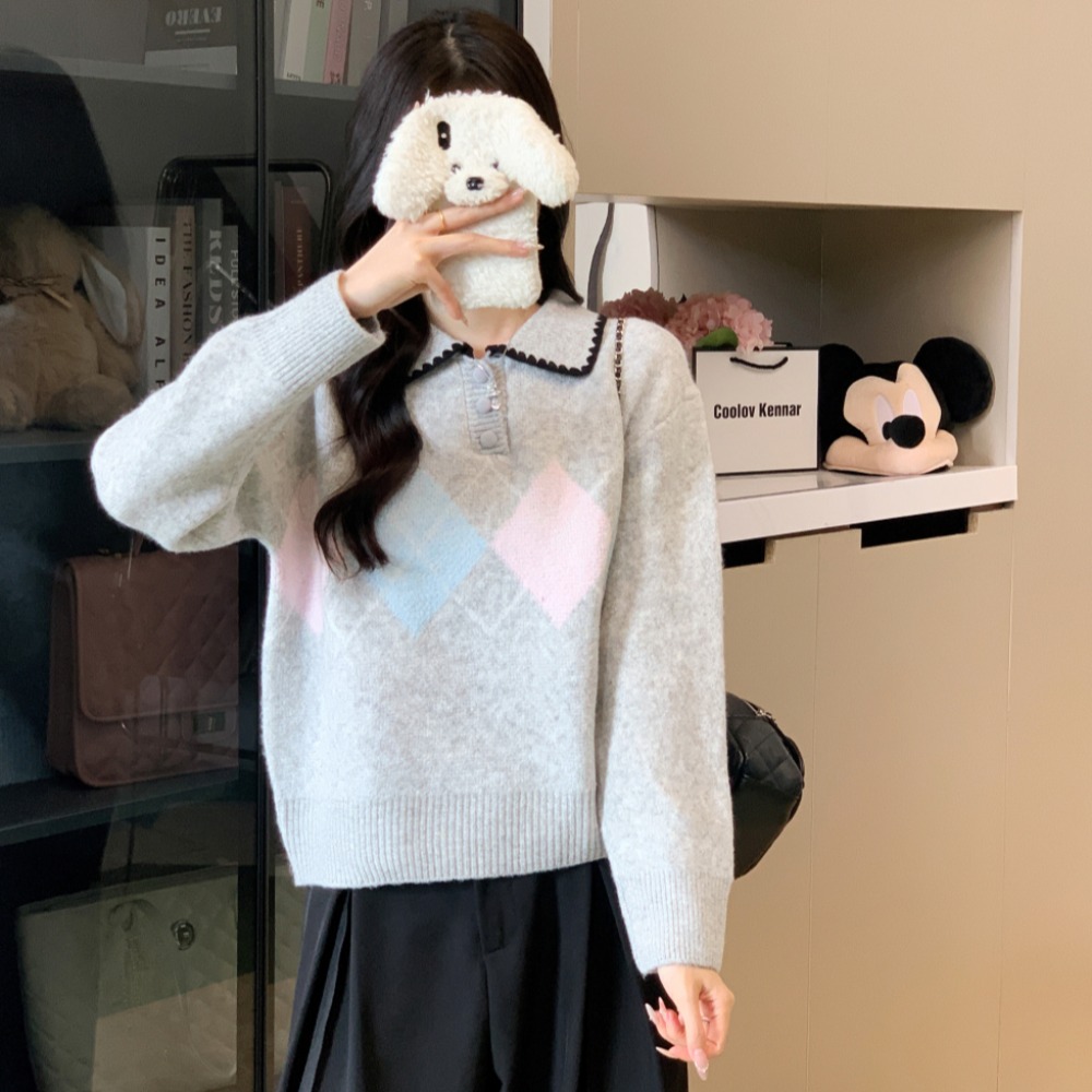 Gray pullover retro quilted loose sweater for women