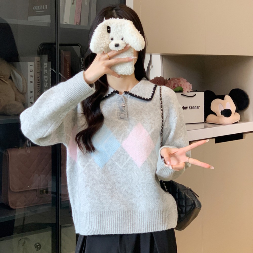 Gray pullover retro quilted loose sweater for women