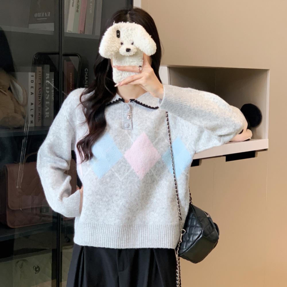 Gray pullover retro quilted loose sweater for women