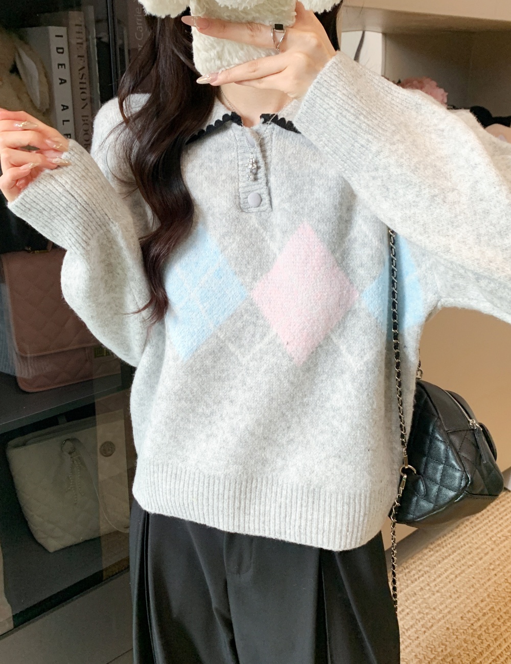 Gray pullover retro quilted loose sweater for women