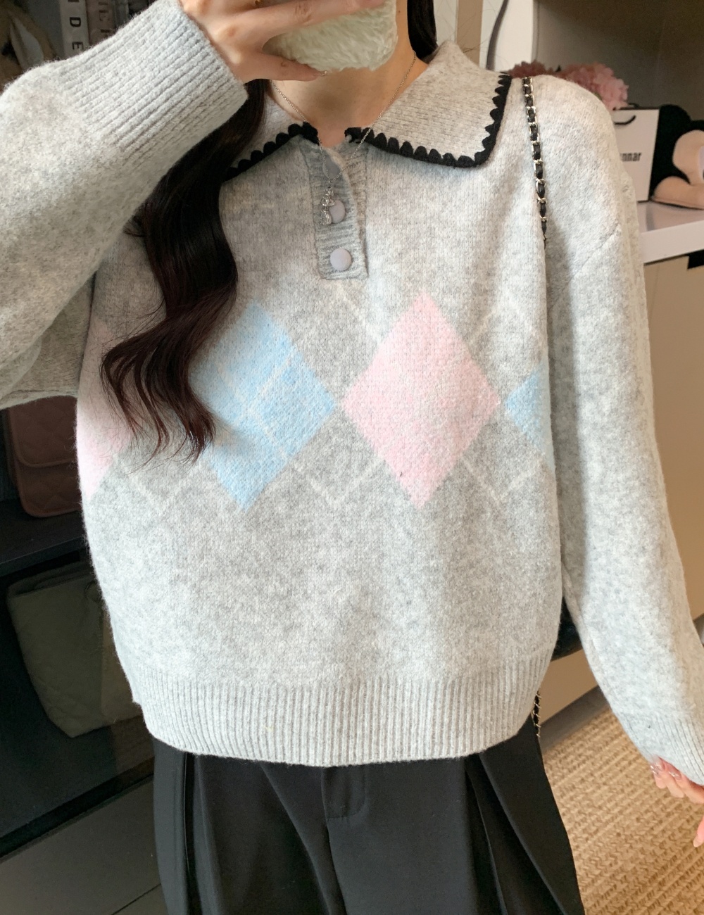 Gray pullover retro quilted loose sweater for women