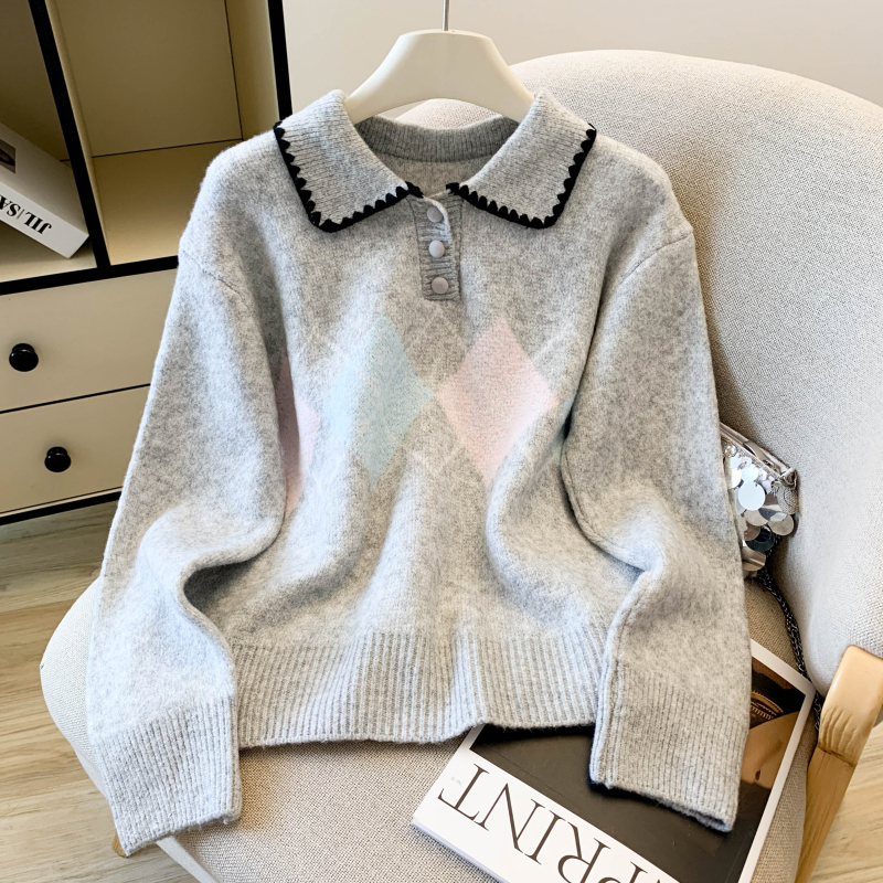 Gray pullover retro quilted loose sweater for women