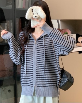 Thick hooded cardigan knitted stripe tops for women