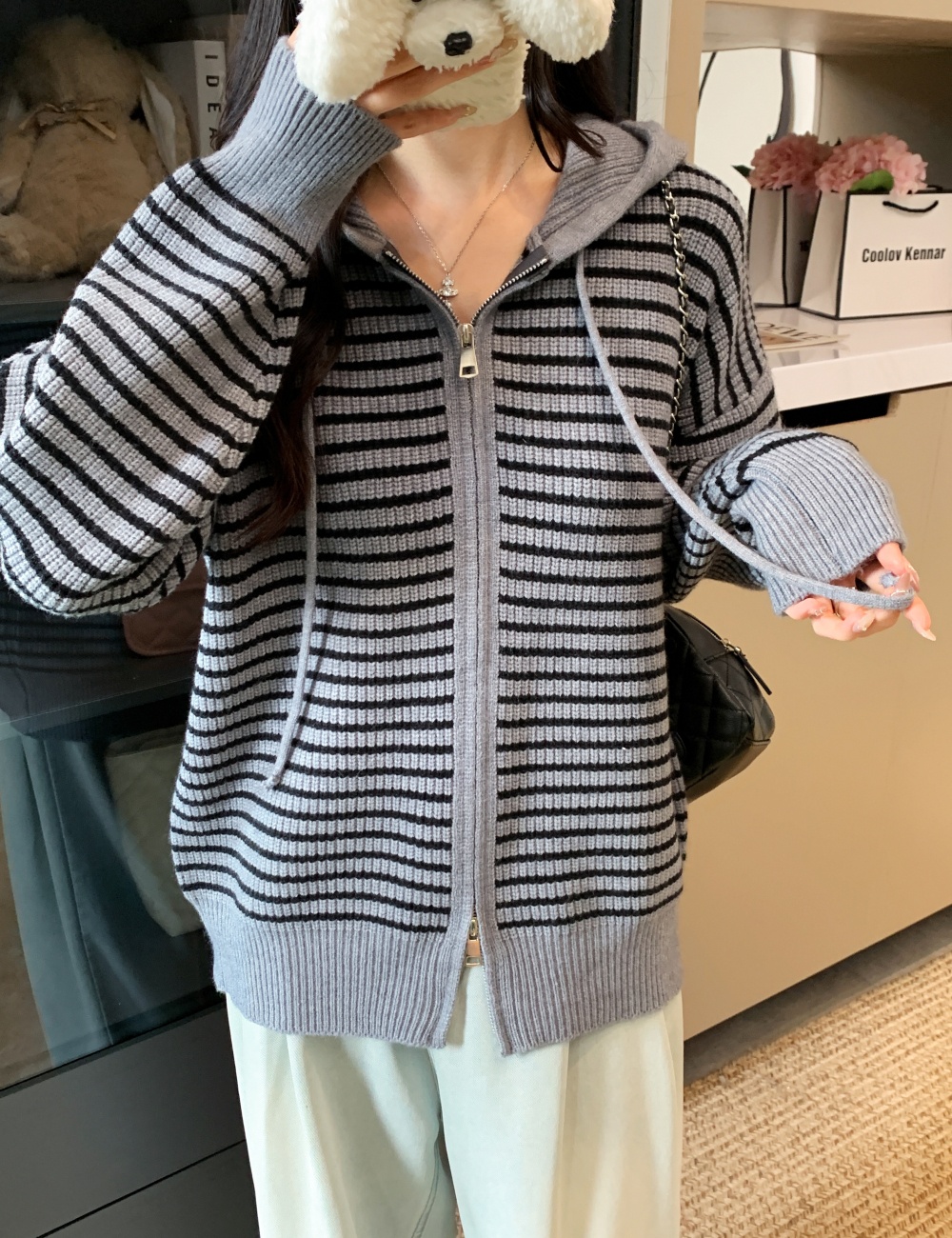 Thick hooded cardigan knitted stripe tops for women
