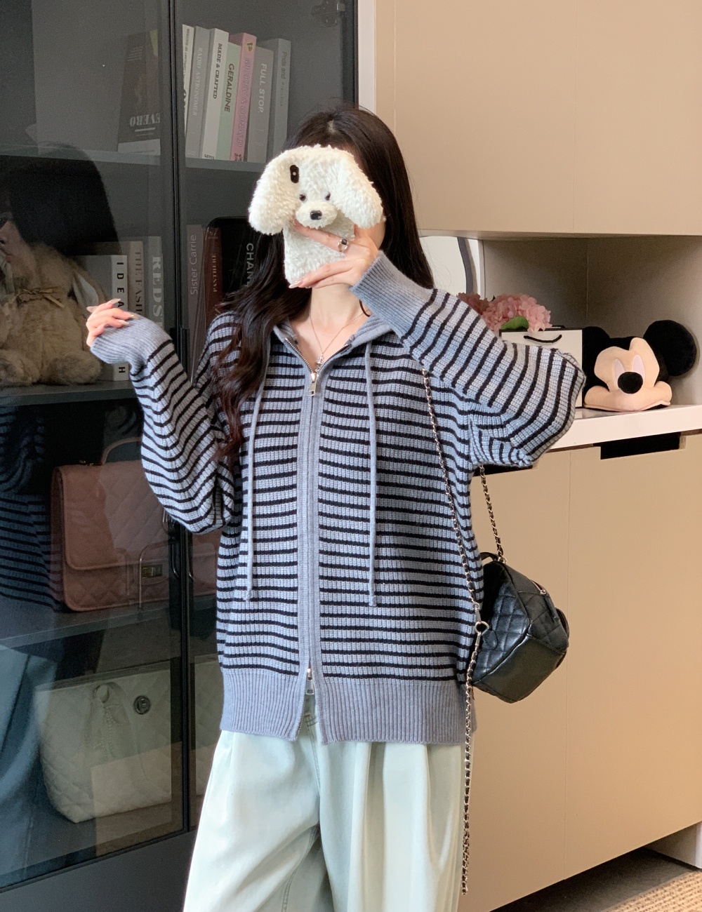 Thick hooded cardigan knitted stripe tops for women