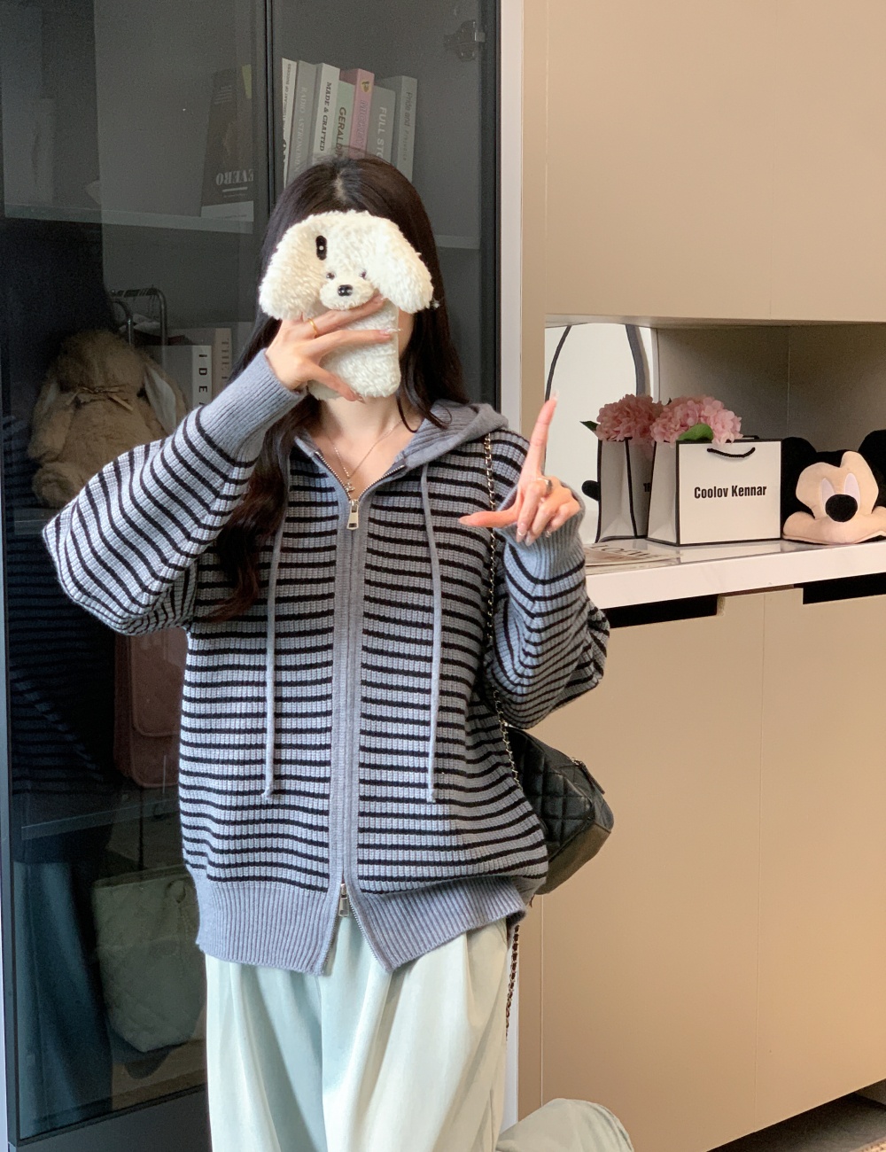 Thick hooded cardigan knitted stripe tops for women