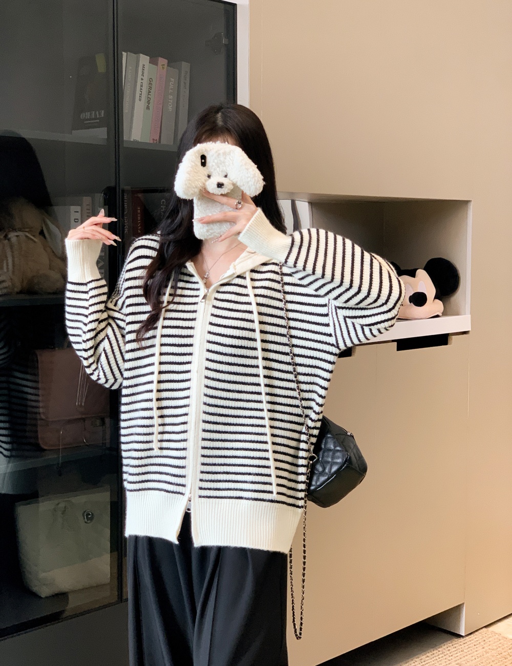 Thick hooded cardigan knitted stripe tops for women