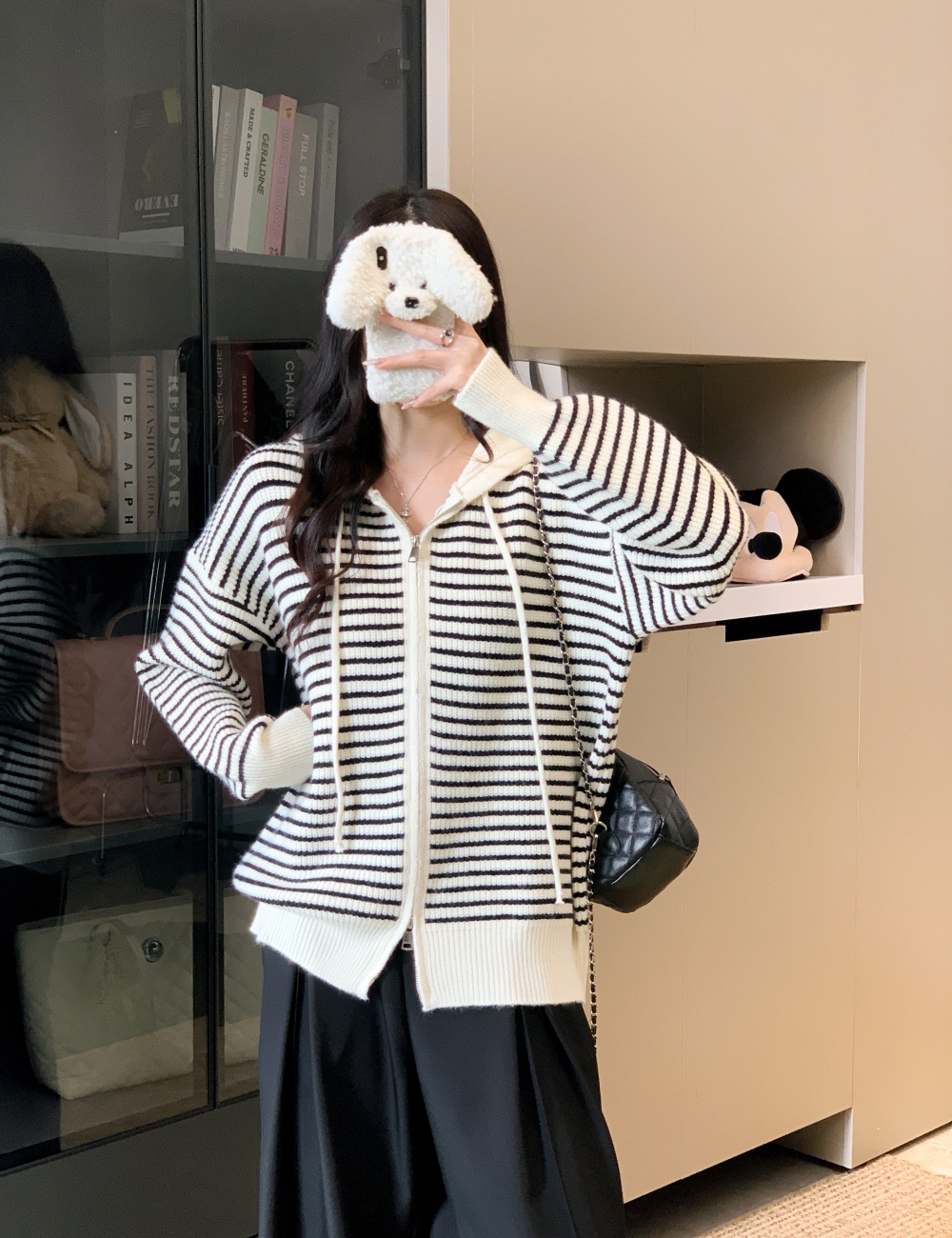 Thick hooded cardigan knitted stripe tops for women