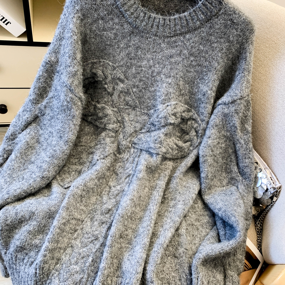 Round neck retro bow sweater loose pullover tops