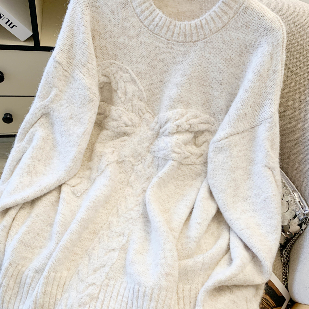 Round neck retro bow sweater loose pullover tops