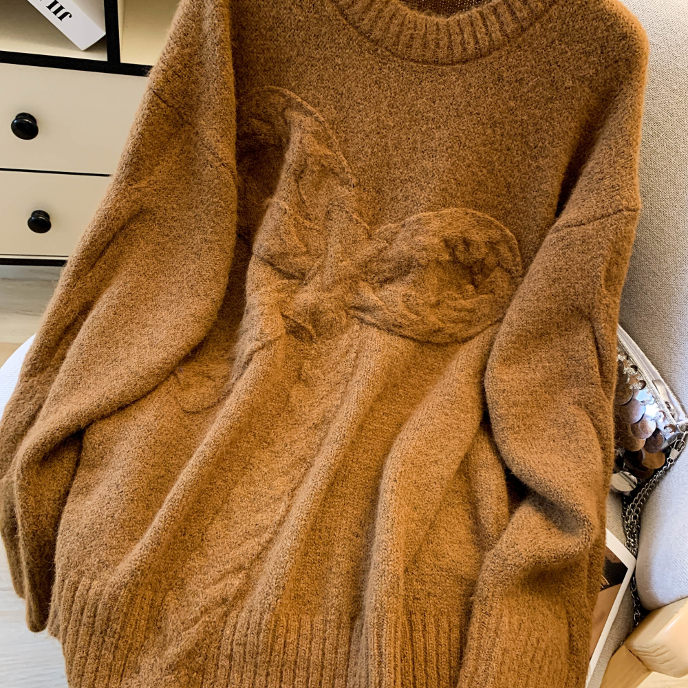 Round neck retro bow sweater loose pullover tops