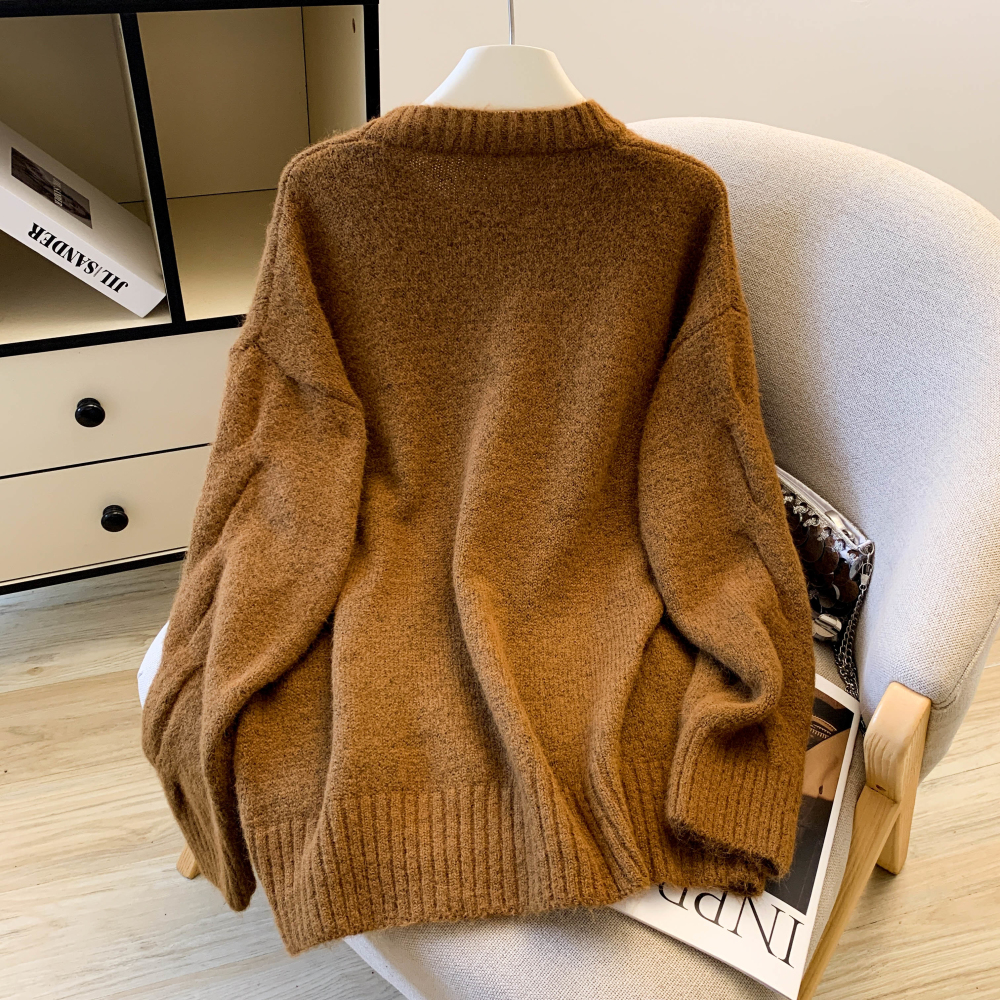 Round neck retro bow sweater loose pullover tops