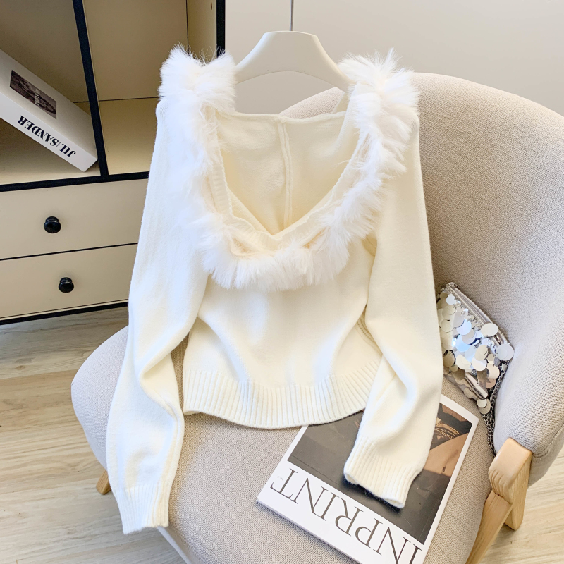 Sweet knitted coat twist hooded with hair for women