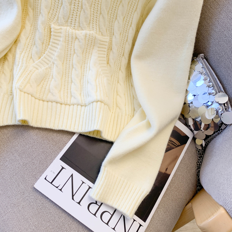 Sweet knitted coat twist hooded with hair for women