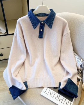 Denim collar niche sweater thick Pseudo-two tops