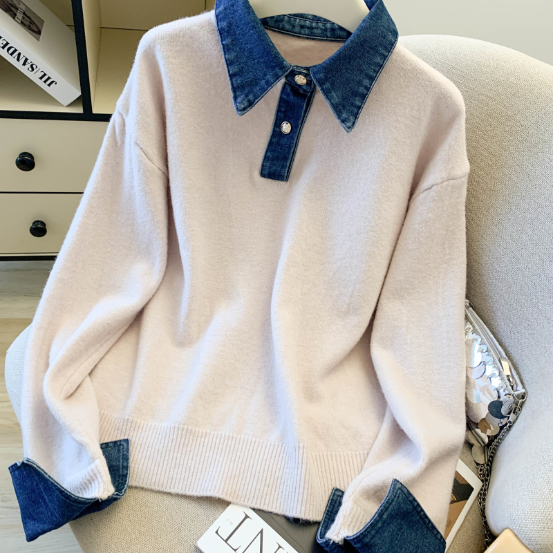 Denim collar niche sweater thick Pseudo-two tops