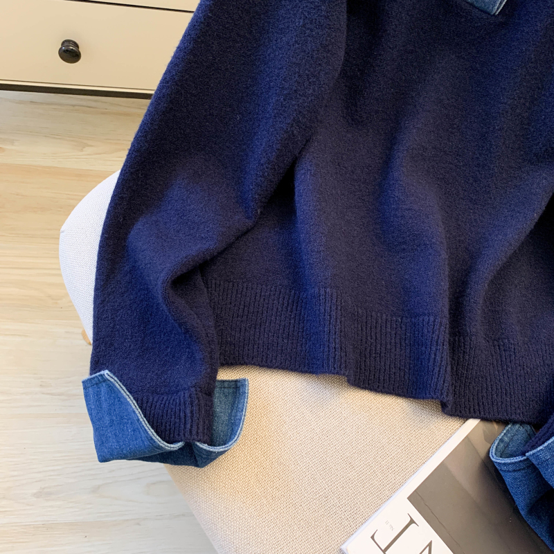 Denim collar niche sweater thick Pseudo-two tops