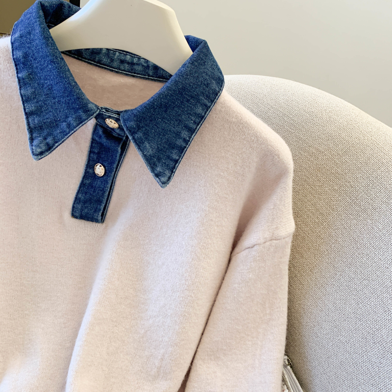 Denim collar niche sweater thick Pseudo-two tops