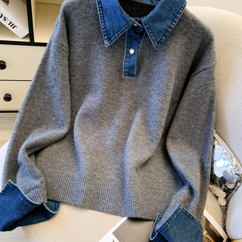Denim collar niche sweater thick Pseudo-two tops