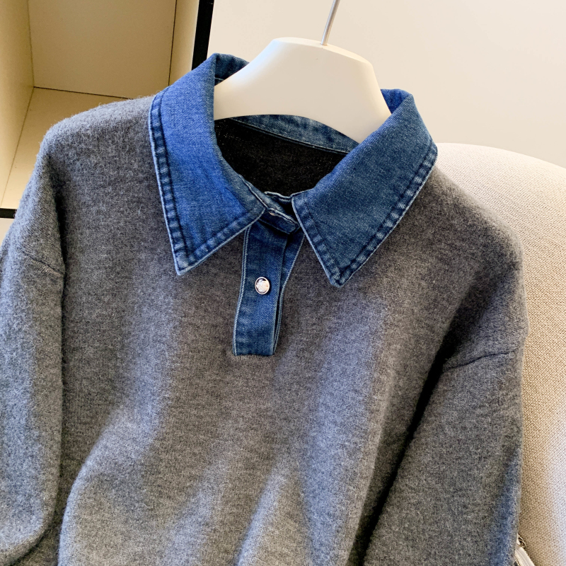 Denim collar niche sweater thick Pseudo-two tops