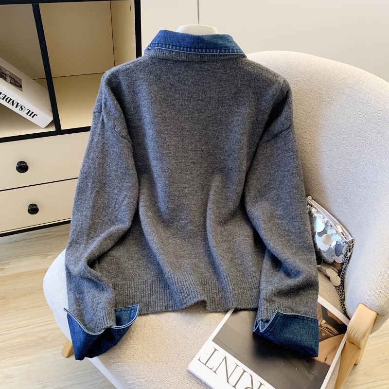 Denim collar niche sweater thick Pseudo-two tops