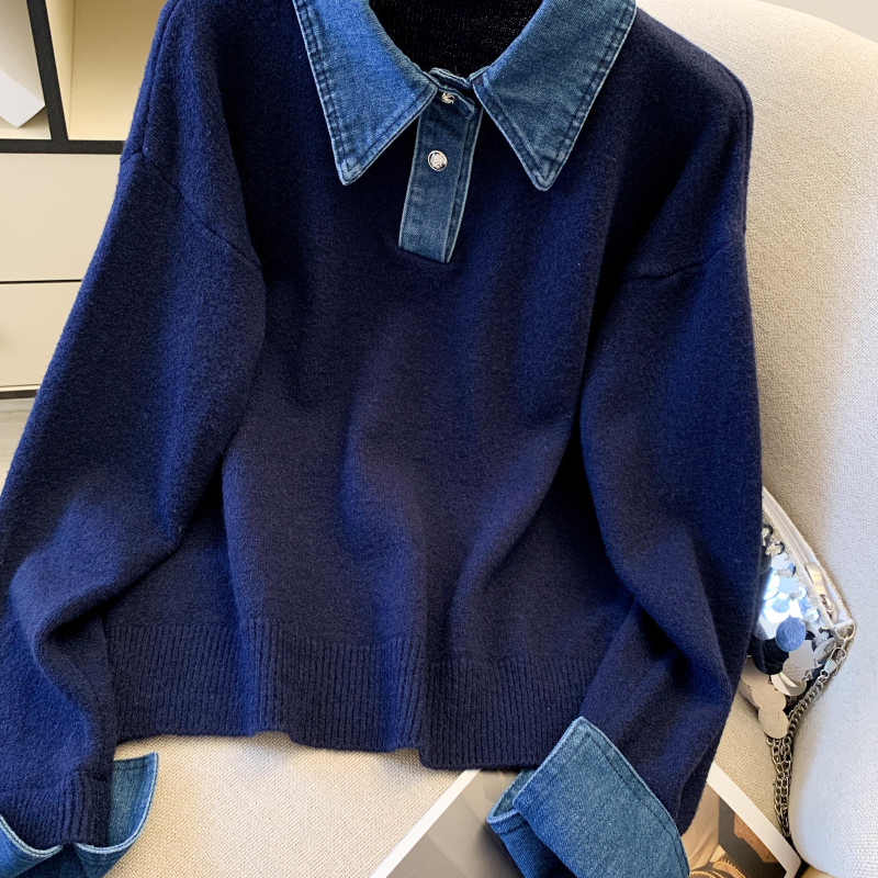 Denim collar niche sweater thick Pseudo-two tops