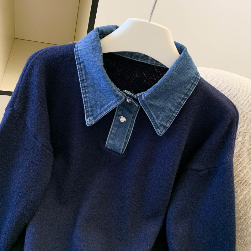 Denim collar niche sweater thick Pseudo-two tops