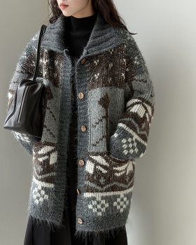 Lapel retro cardigan mixed colors knitted sweater for women