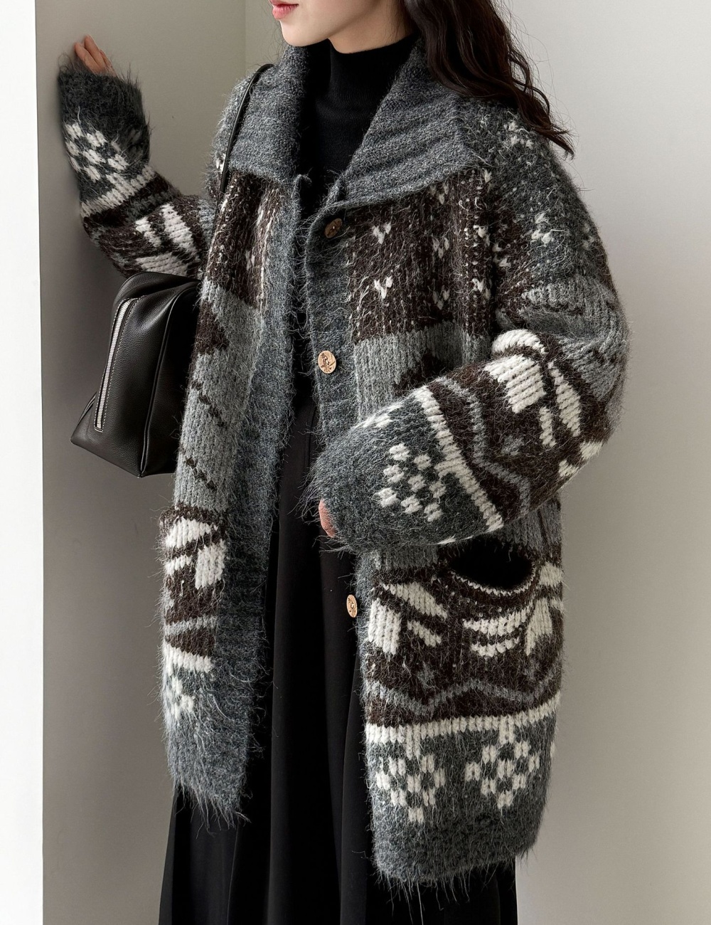 Lapel retro cardigan mixed colors knitted sweater for women