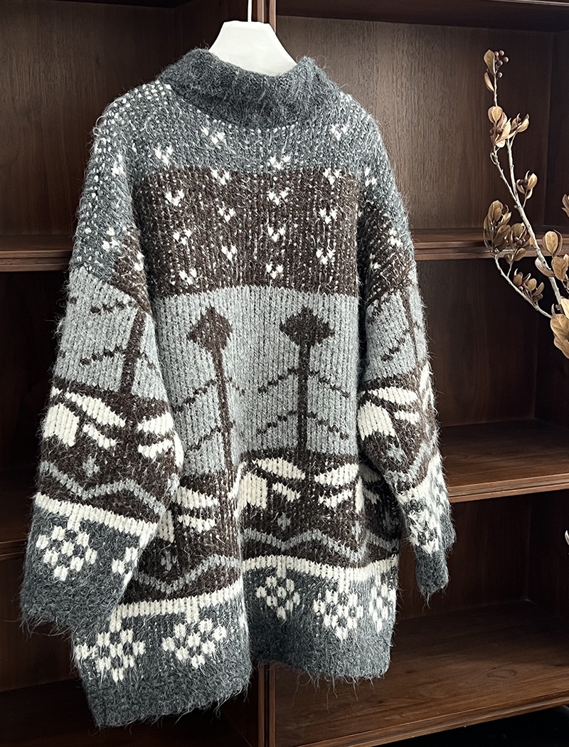 Lapel retro cardigan mixed colors knitted sweater for women