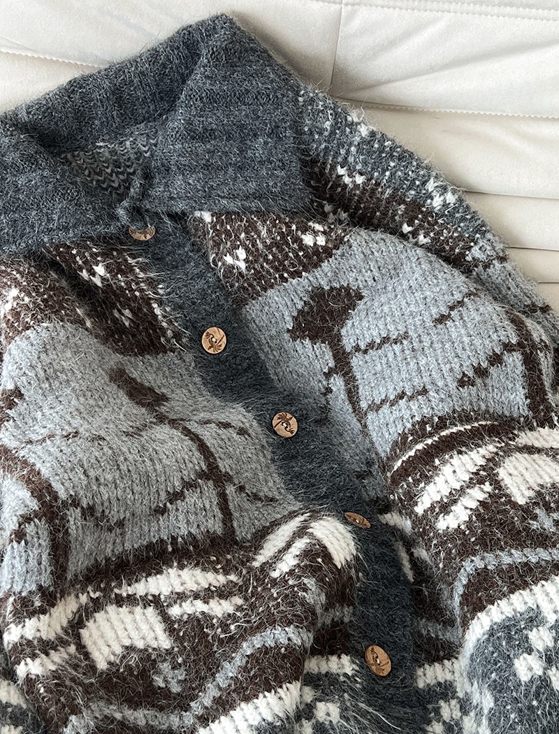 Lapel retro cardigan mixed colors knitted sweater for women