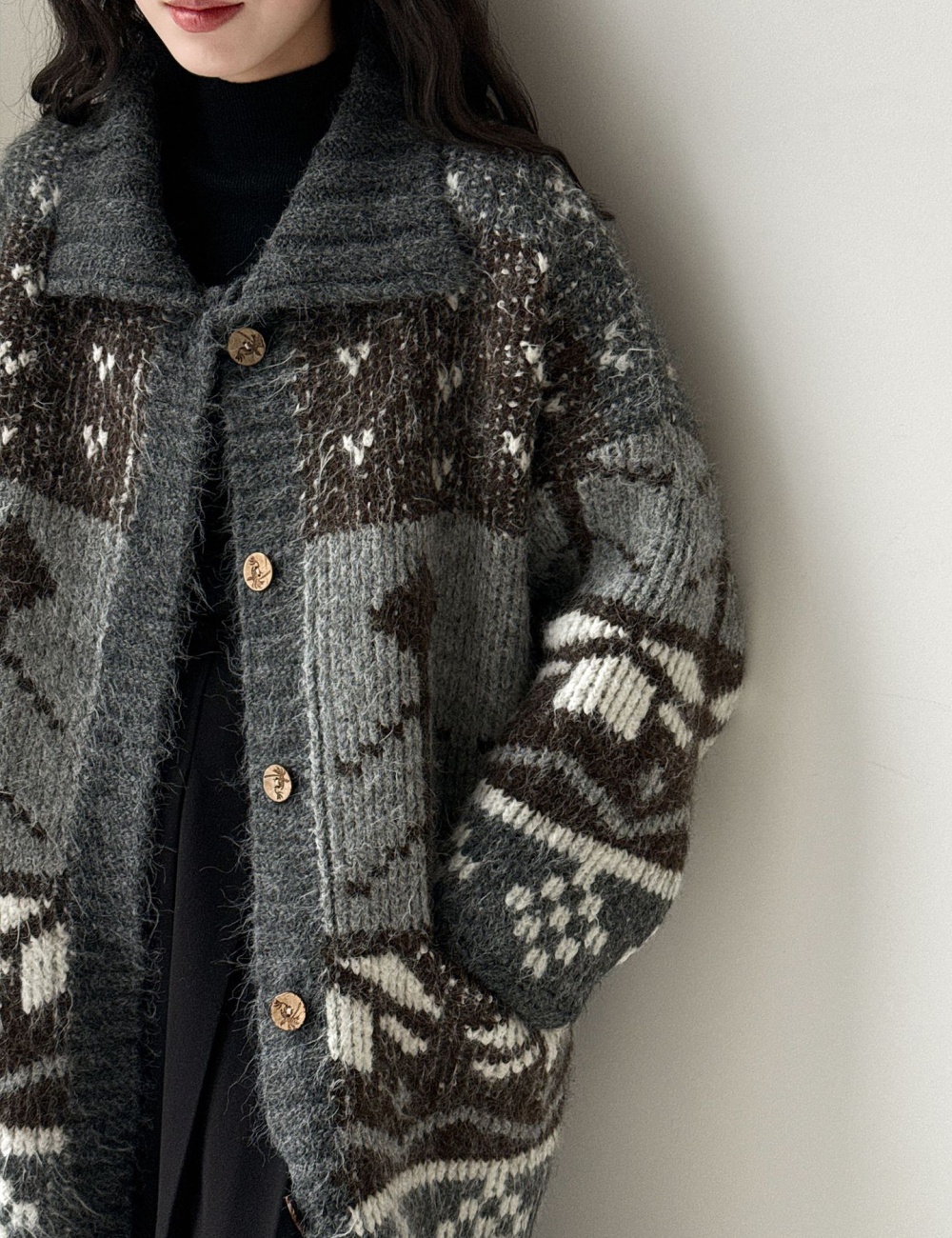 Lapel retro cardigan mixed colors knitted sweater for women