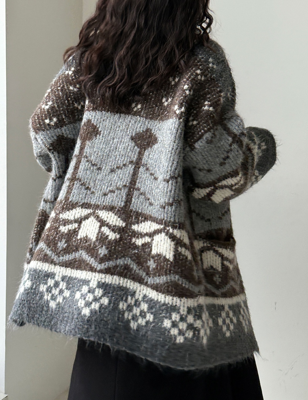 Lapel retro cardigan mixed colors knitted sweater for women