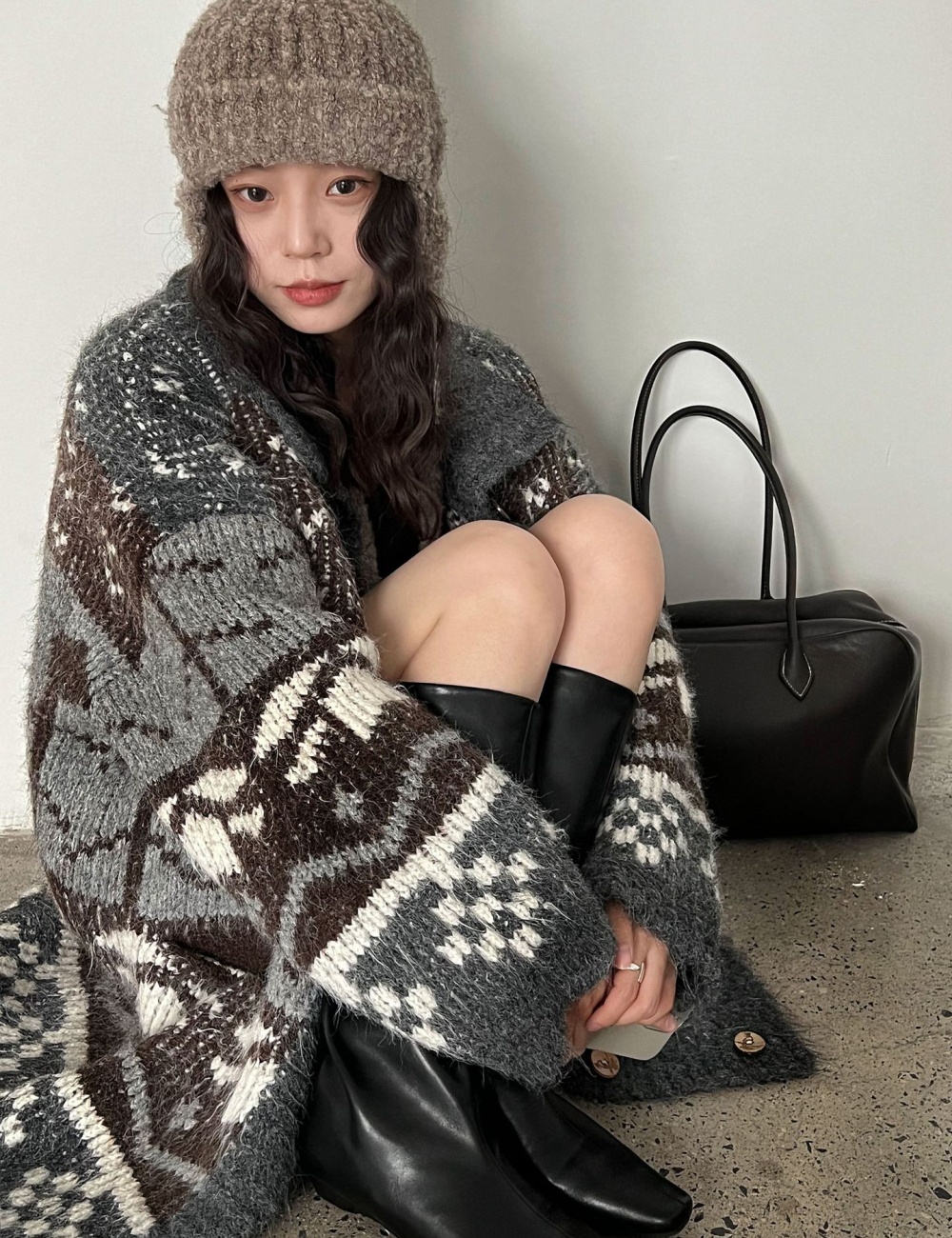 Lapel retro cardigan mixed colors knitted sweater for women