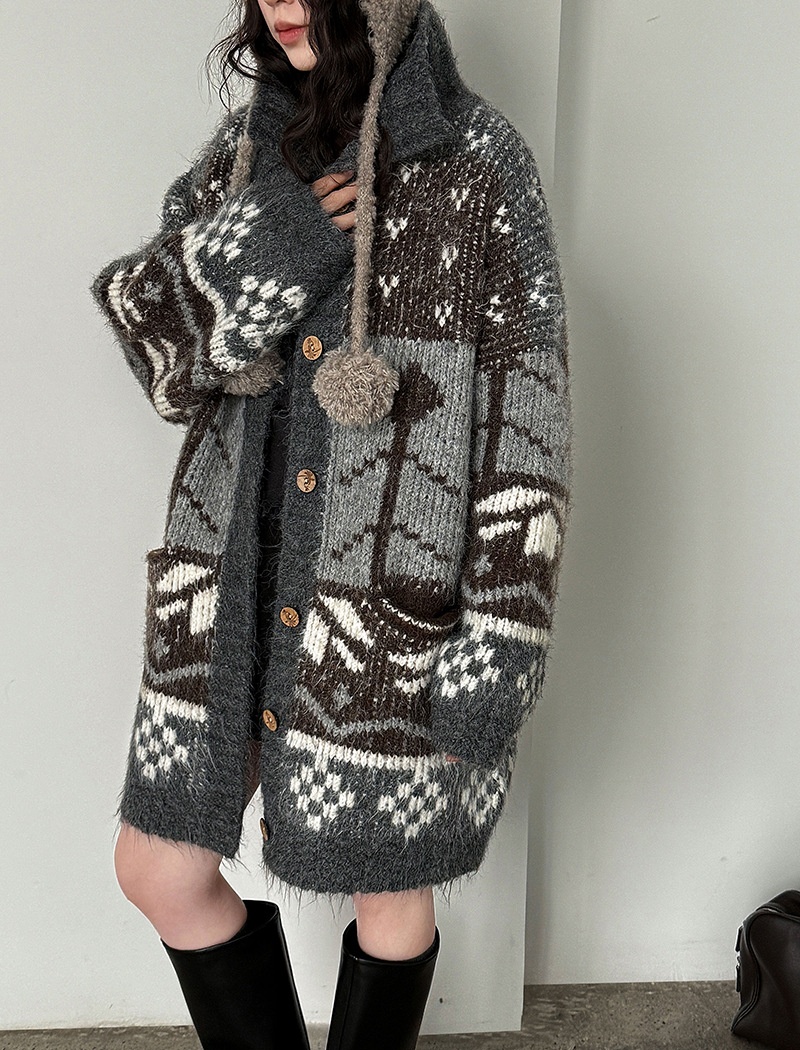 Lapel retro cardigan mixed colors knitted sweater for women