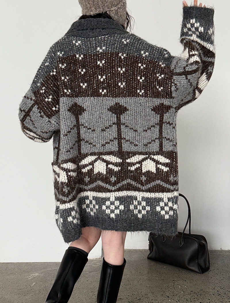 Lapel retro cardigan mixed colors knitted sweater for women