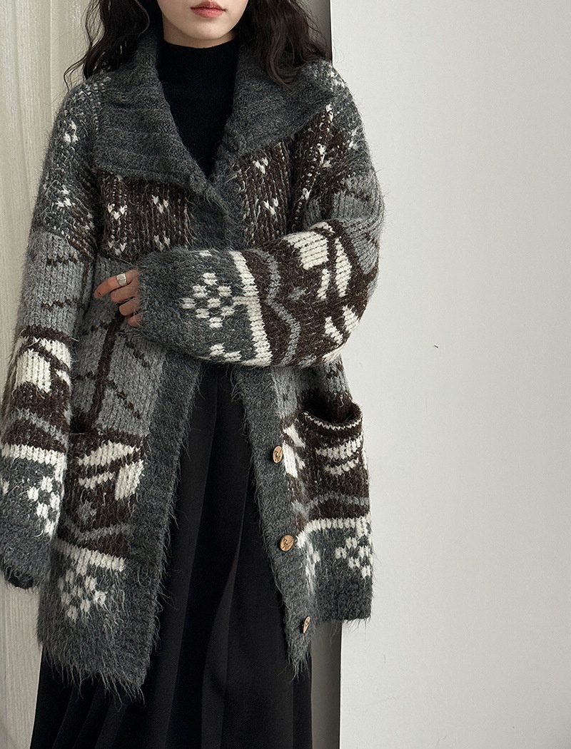 Lapel retro cardigan mixed colors knitted sweater for women