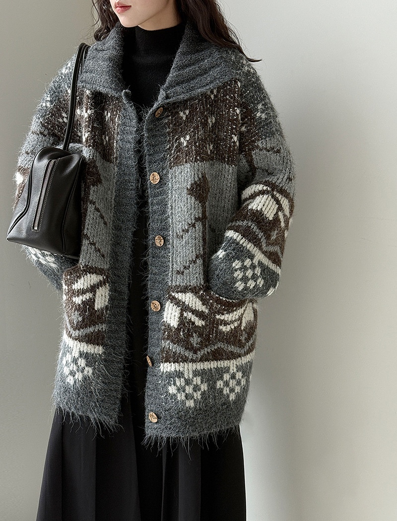 Lapel retro cardigan mixed colors knitted sweater for women