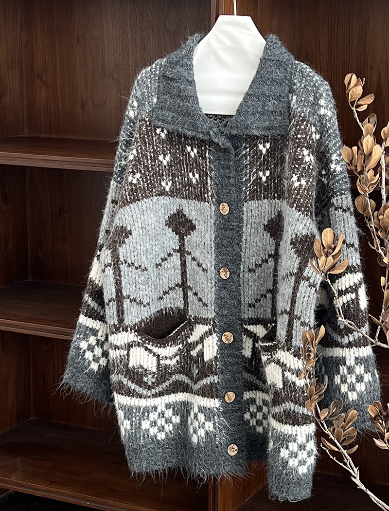 Lapel retro cardigan mixed colors knitted sweater for women