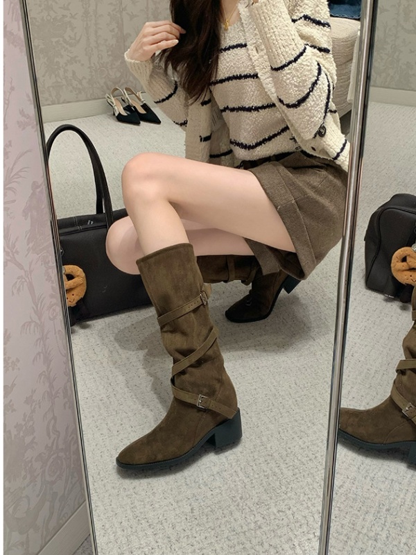 Cross buff thigh boots heighten middle cylinder boots for women