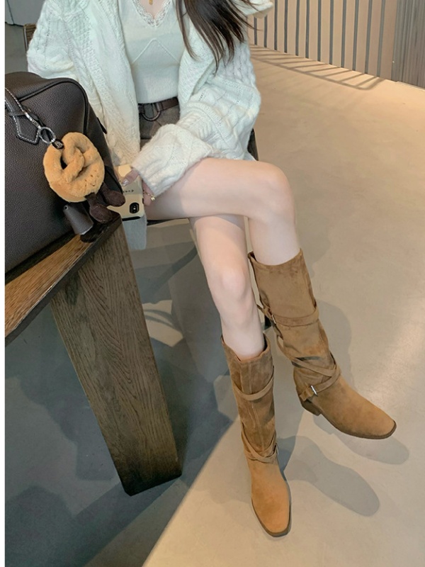 Cross buff thigh boots heighten middle cylinder boots for women