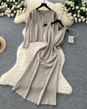 Tender cardigan round neck long dress 2pcs set for women