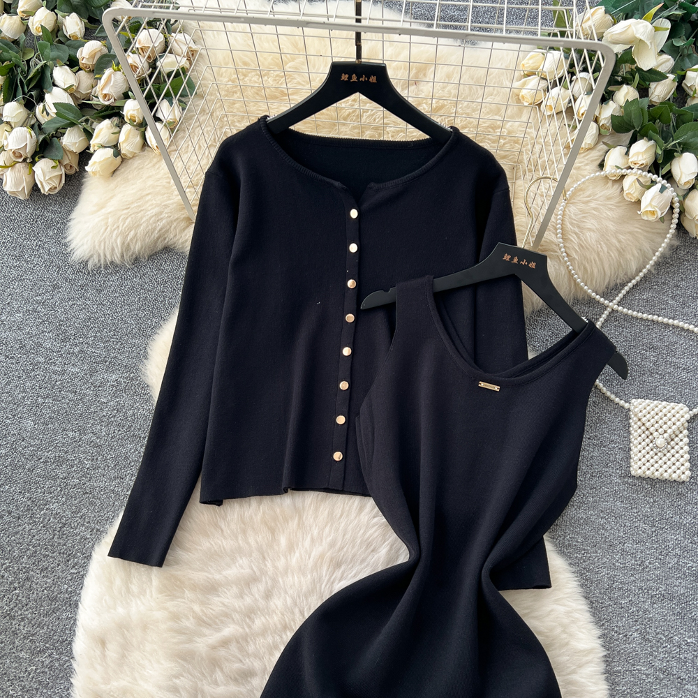 Tender cardigan round neck long dress 2pcs set for women