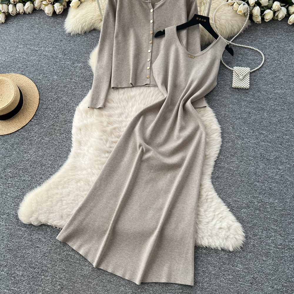 Tender cardigan round neck long dress 2pcs set for women