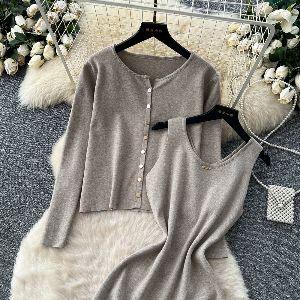 Tender cardigan round neck long dress 2pcs set for women
