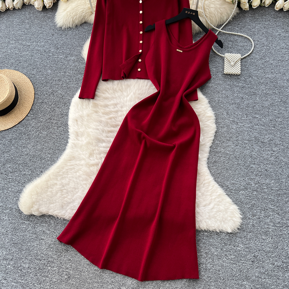 Tender cardigan round neck long dress 2pcs set for women