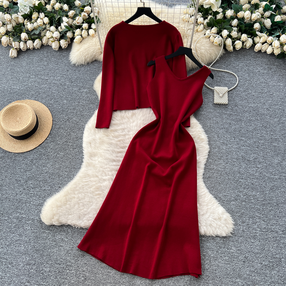Tender cardigan round neck long dress 2pcs set for women