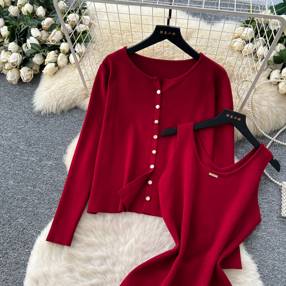 Tender cardigan round neck long dress 2pcs set for women