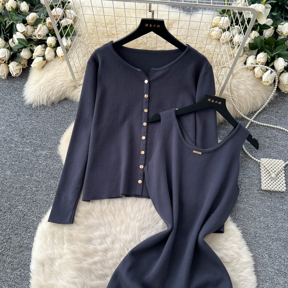 Tender cardigan round neck long dress 2pcs set for women