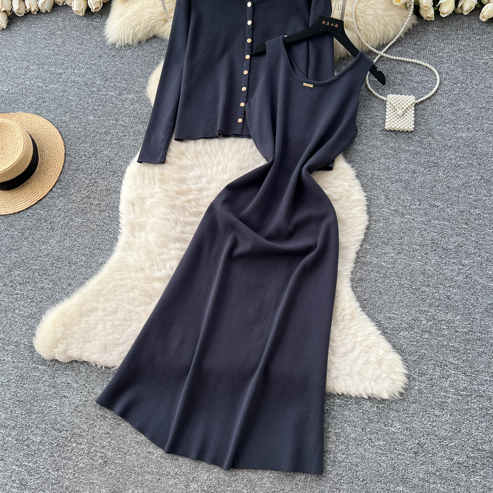 Tender cardigan round neck long dress 2pcs set for women